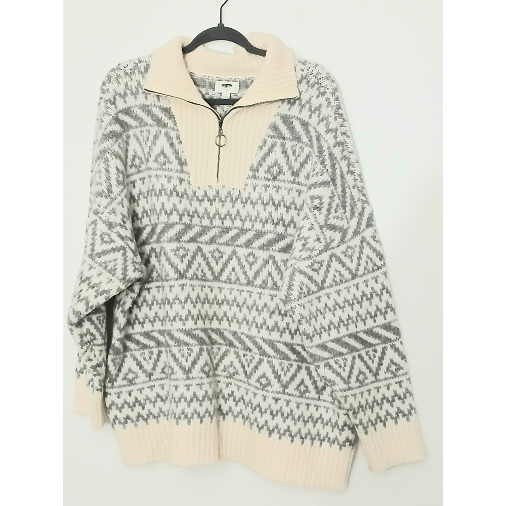 Aerie Oversized Sweater Large Fair Isle Zip Up Cream Gray Pullover Cozy Comfort